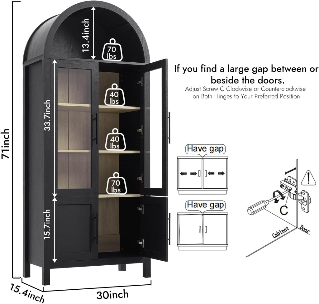 71' Tall Arched Display Cabinet, 5-Tier Bookshelf Modern Farmhouse Arched Bookcase with Glass Doors and Shelves, Wooden Pantry Storage Cabinet for Living Room, Office and Kitchen, Black