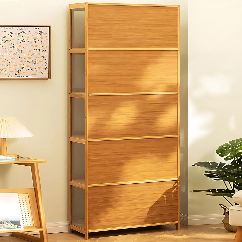 Display Cabinet with Acrylic Glass Door, 5 Tier Curio Display Case, Collectibles Toy Organizers Rack & Display Shelf, Kids Bookcase for Bedroom, Reading Nook, Toddler's Room, Bamboo