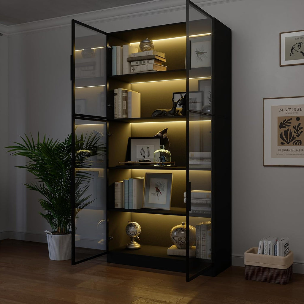 Bobve 78.7' Display Cabinet with 4 Glass Doors, 5 -Tier Storage Cabinet with APP Control LED Lights, Tall Black Bookcase with Storage, Wooden Display Case for Collectible, Living Room, Office(Black)