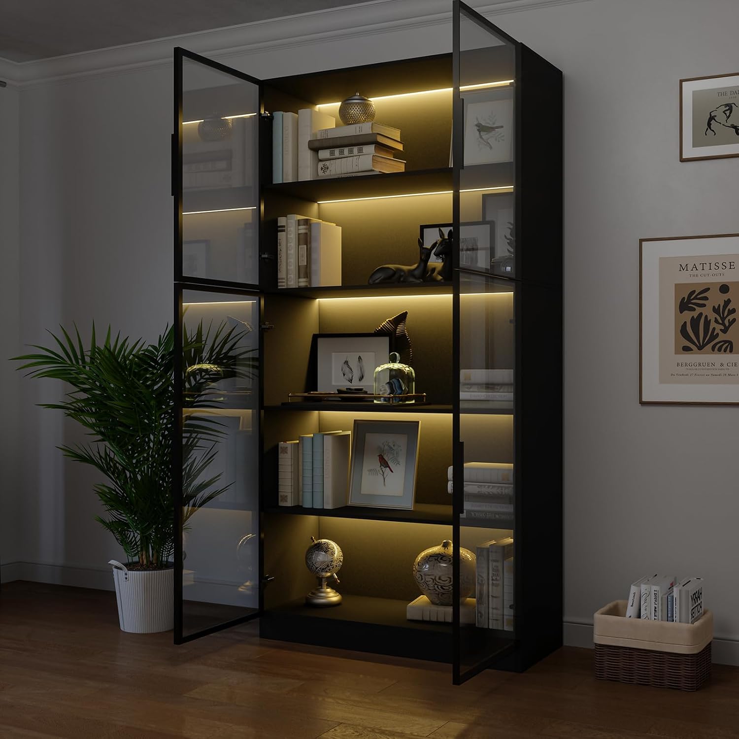 Bobve 78.7' Display Cabinet with 4 Glass Doors, 5 -Tier Storage Cabinet with APP Control LED Lights, Tall Black Bookcase with Storage, Wooden Display Case for Collectible, Living Room, Office(Black)