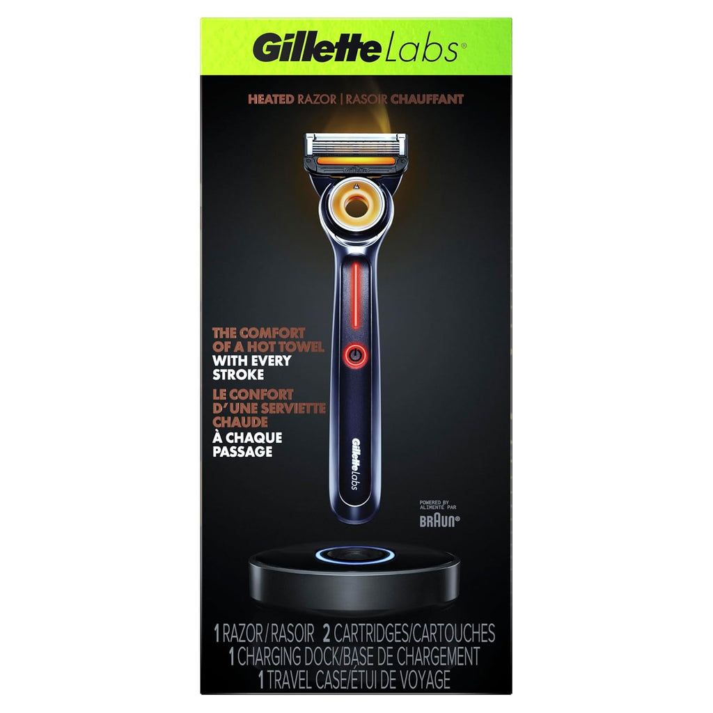 Gillette Heated Razor for Men, Deluxe Travel Shave Kit by GilletteLabs, 1 Handle, 2 Blade Refills, Charging Dock, Case