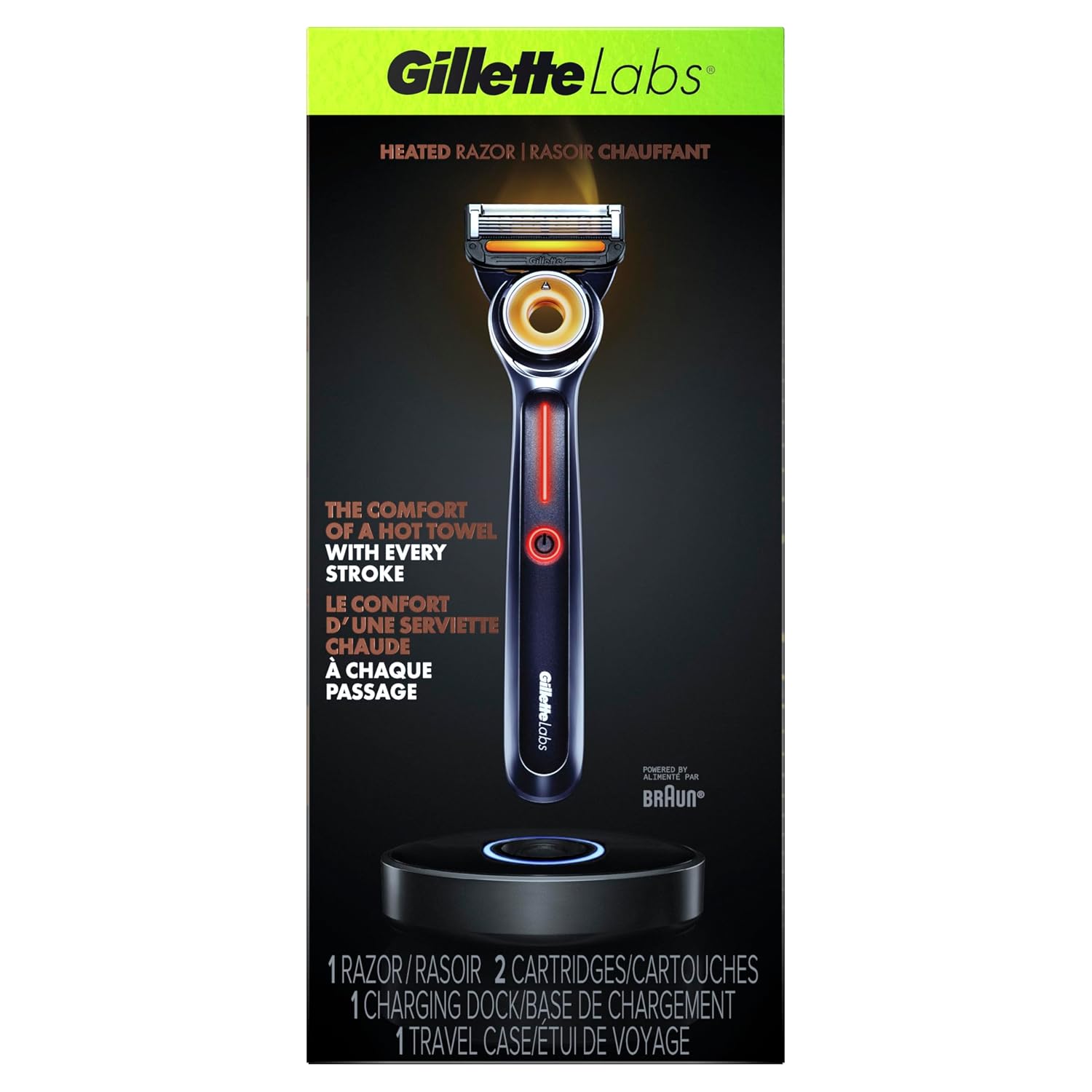 Gillette Heated Razor for Men, Deluxe Travel Shave Kit by GilletteLabs, 1 Handle, 2 Blade Refills, Charging Dock, Case