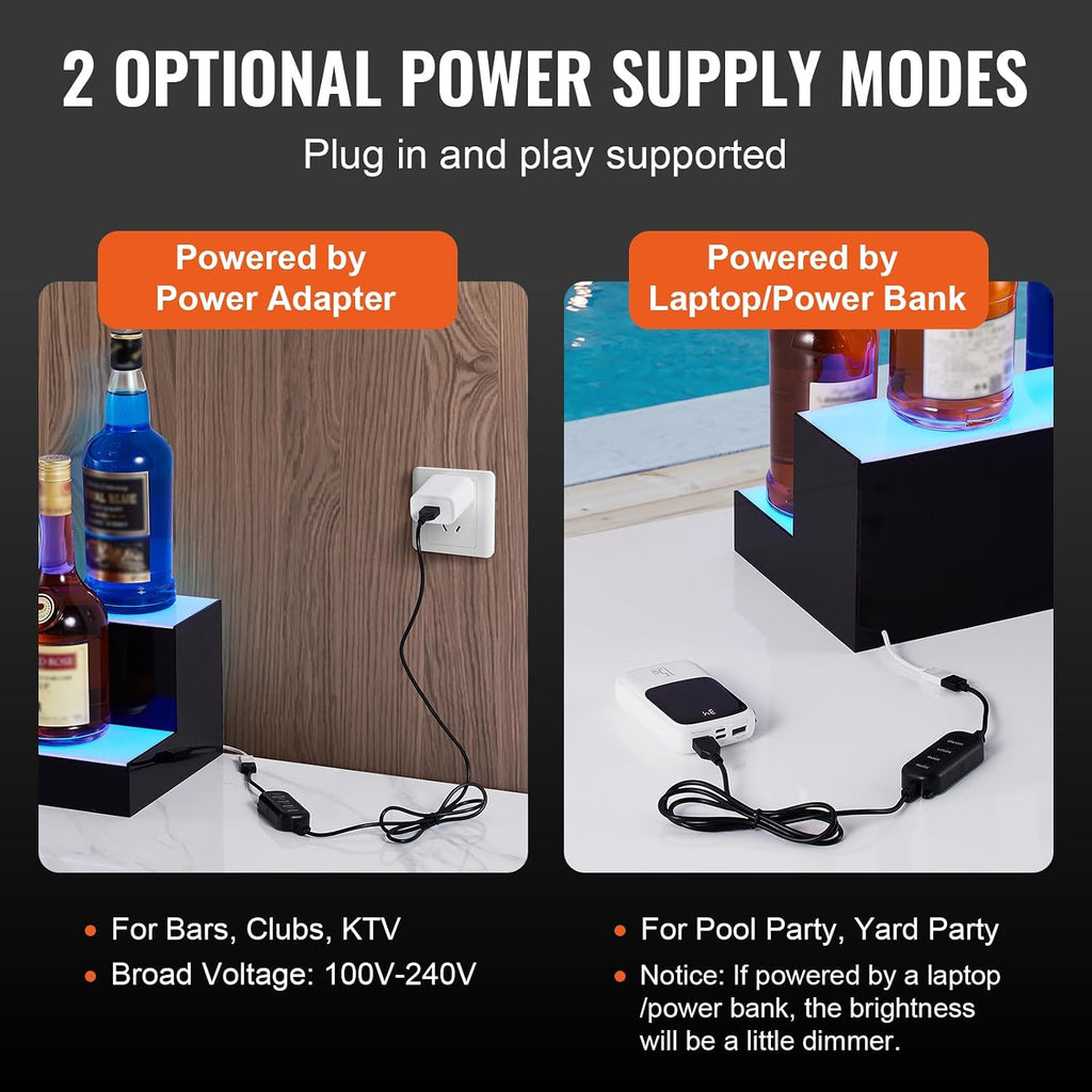 VEVOR LED Lighted Liquor Bottle Display, 2 Tiers 60 Inch Commercial Illuminated Home Bar Shelf, 2 Steps Whiskey Rack Stand, Acrylic Drink Shelves with RF Remote & App Control, and Multicolor Light