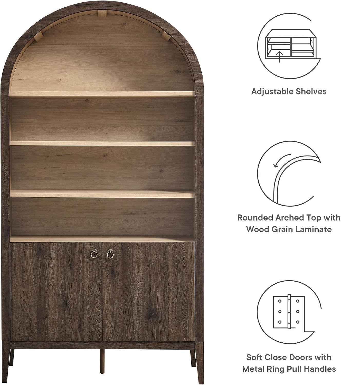 Modway Nolan Tall Arched Storage Display Cabinet in Dark Walnut - 74 Inch Arch Bookshelf with Open and Closed Shelving - Modern Accent Cabinet for Living Room, Dining Room