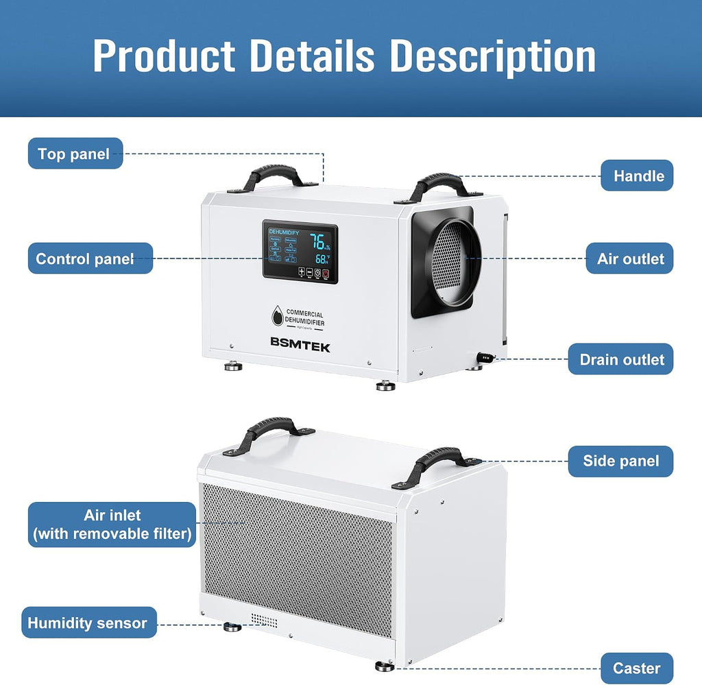 145 Pints Commercial Dehumidifier for Large Basements & Crawl Spaces up to 6500Sq.Ft, Industrial Dehumidifiers for Water Damage Restoration, Auto Defrost, Continuous Drain Hose, Memory Function, White