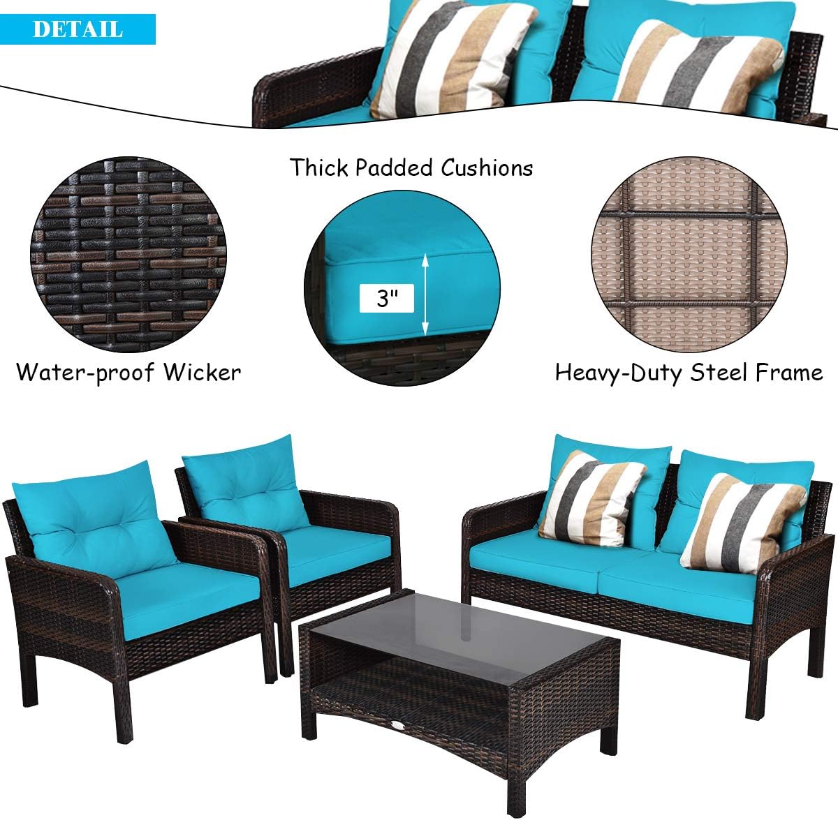Tangkula 4 Piece Patio Furniture Set, Outdoor Wicker Conversation Set with Glass Top Coffee Table, All Weather Proof and Thick Cushions, Suitable for Porch, Garden, Poolside and Lawn (Turquoise)