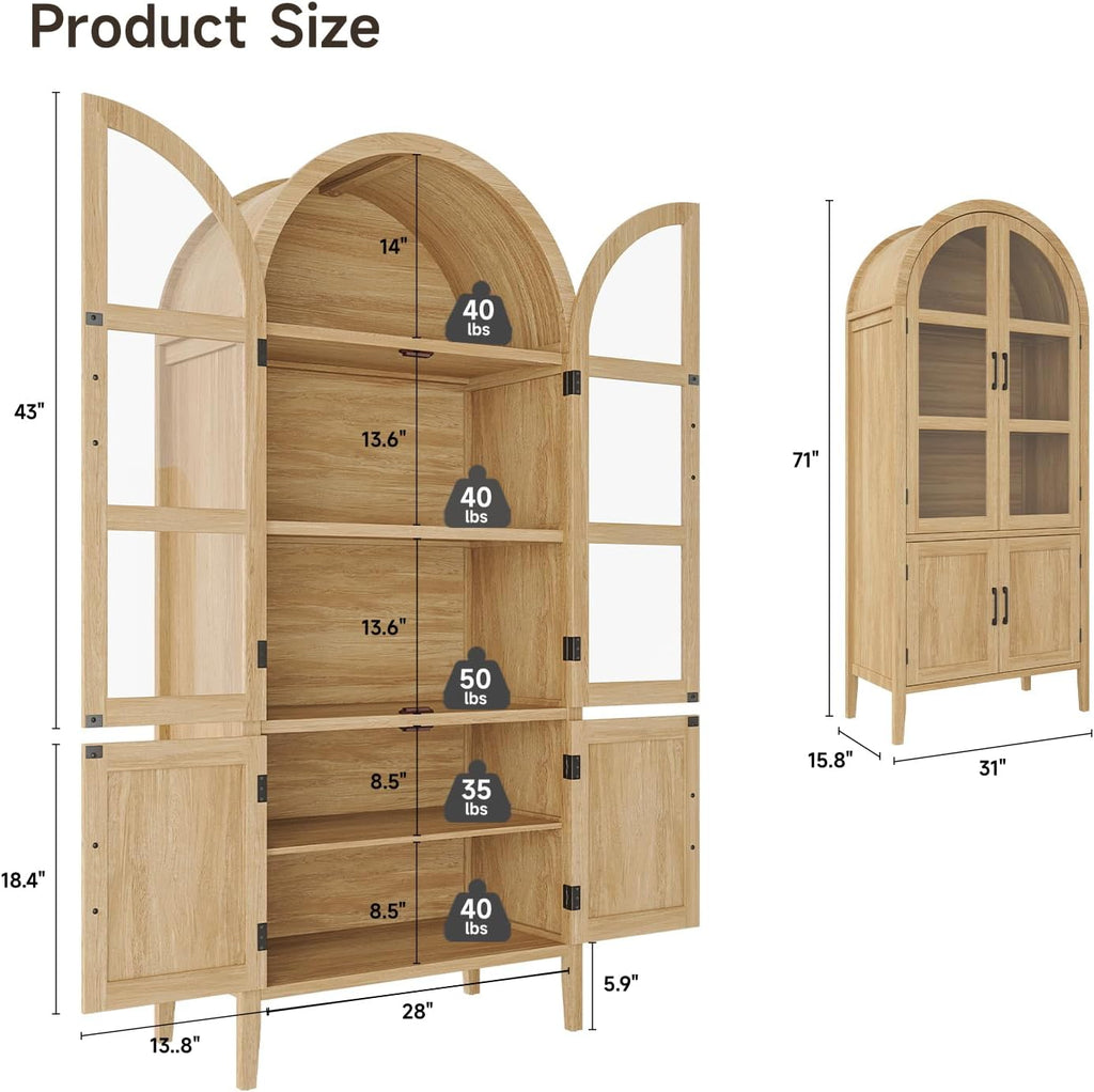 ONBRILL 71' Tall Arched Cabinet, 5-Tier Arched Kitchen Pantry with Glass Doors & Shelves, Modern Display Storage Cabinets with Adjustable Feet, Wooden Pantry Cabinet for Living Room, Dining Room