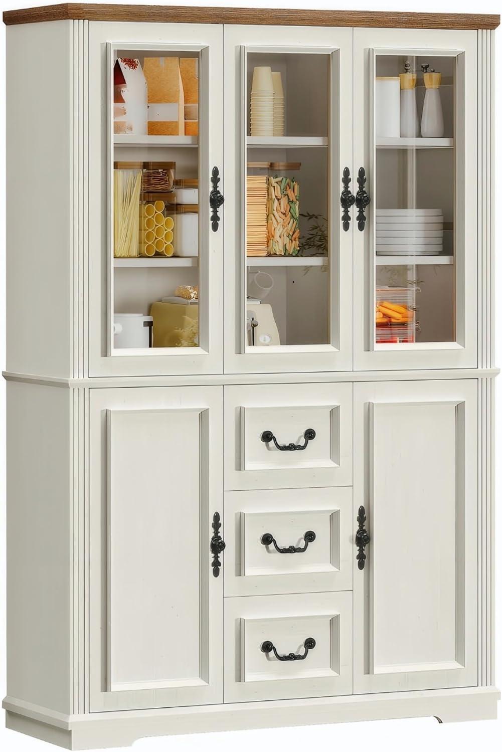 YITAHOME 71' H x 47' W Kitchen Pantry with 3 Drawers, Large Storage Cabinet with 3 Glass Doors & Adjustable Shelves, Freestanding Tall Display China Cabinet for Living & Dining Room, White