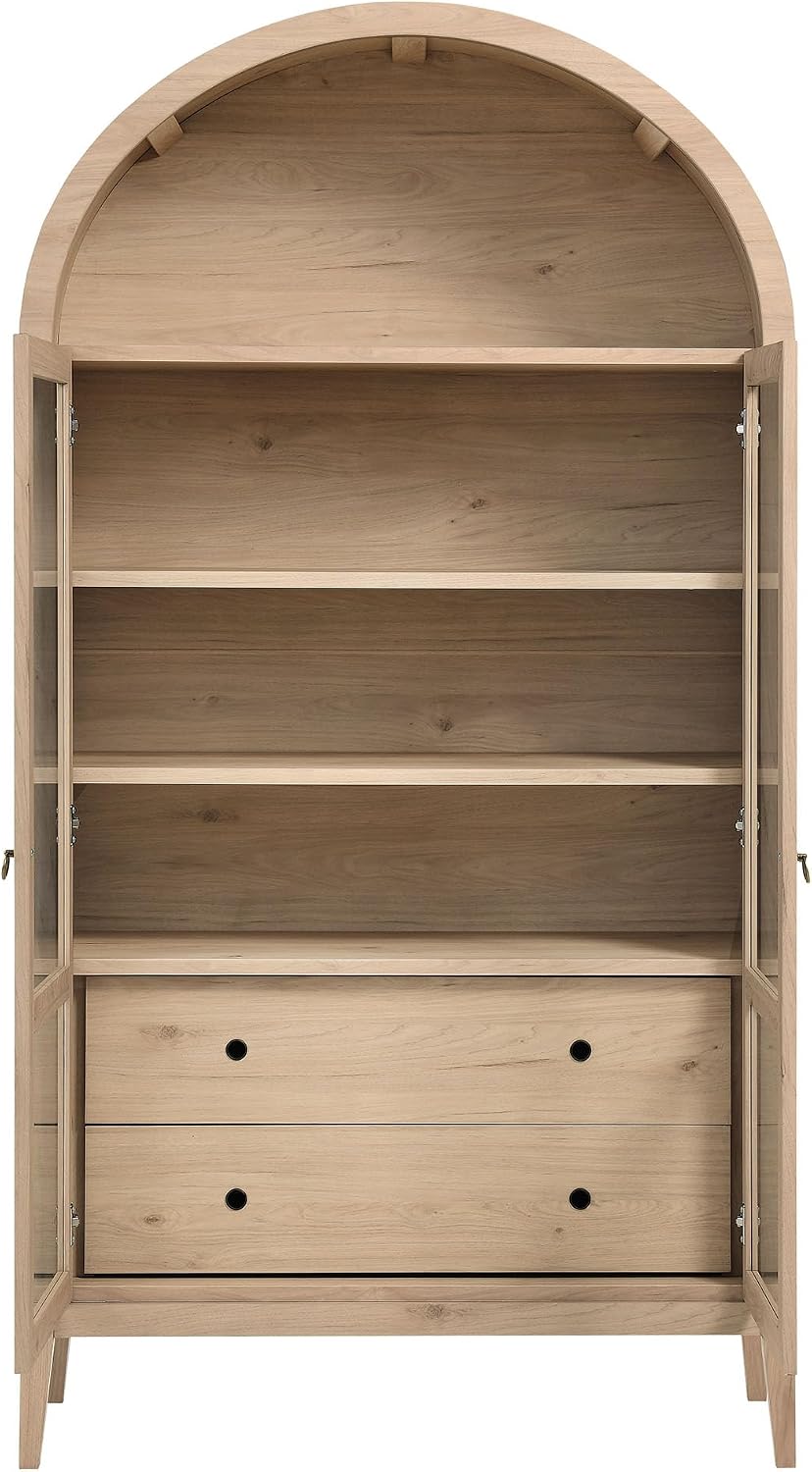 Modway Nolan Tall Arched Storage Display Cabinet in Light Oak - 74 Inch Arch Bookshelf with Glass Doors, Shelves and Drawers - Modern Accent Cabinet for Living Room, Dining Room