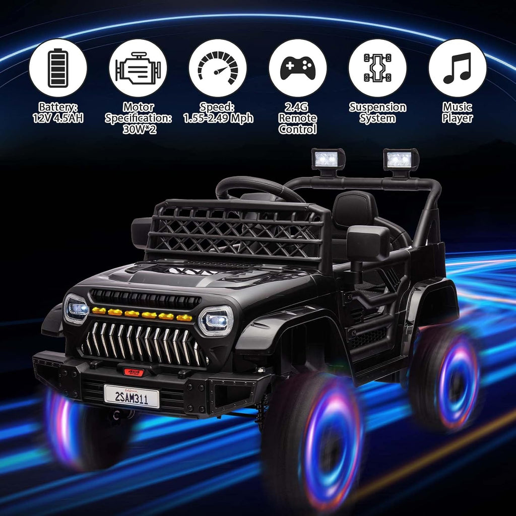 12V Ride On Car for Kids Electric Vehicle Toddlers Battery Powered Truck Car Toy with Remote Control, 4-Wheel Suspension, Battery Display, LED Lights, Music, for Boys Girls, Black