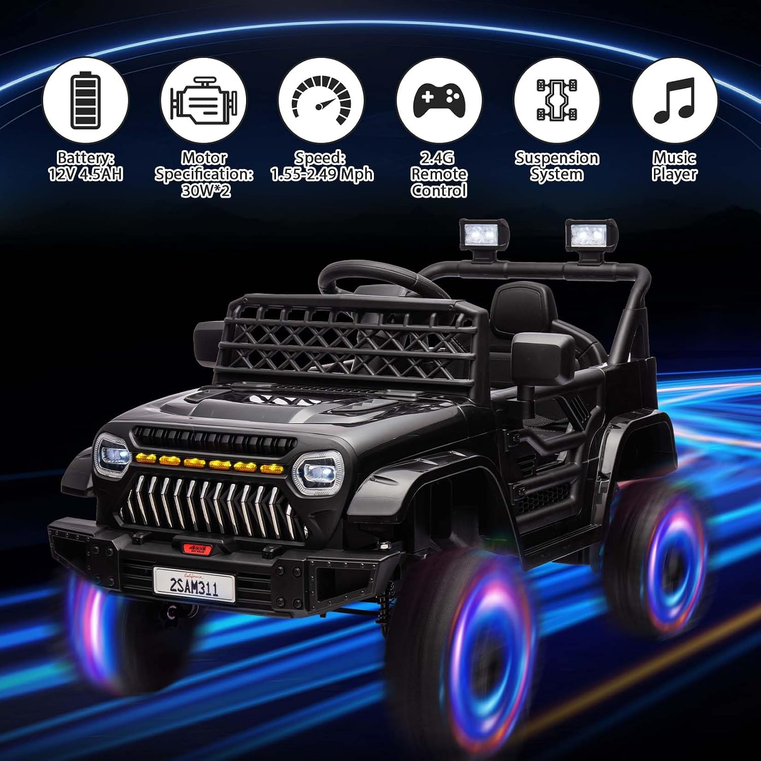 12V Ride On Car for Kids Electric Vehicle Toddlers Battery Powered Truck Car Toy with Remote Control, 4-Wheel Suspension, Battery Display, LED Lights, Music, for Boys Girls, Black
