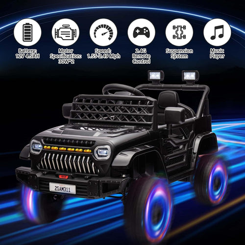 12V Ride On Car for Kids Electric Vehicle Toddlers Battery Powered Truck Car Toy with Remote Control, 4-Wheel Suspension, Battery Display, LED Lights, Music, for Boys Girls, Black