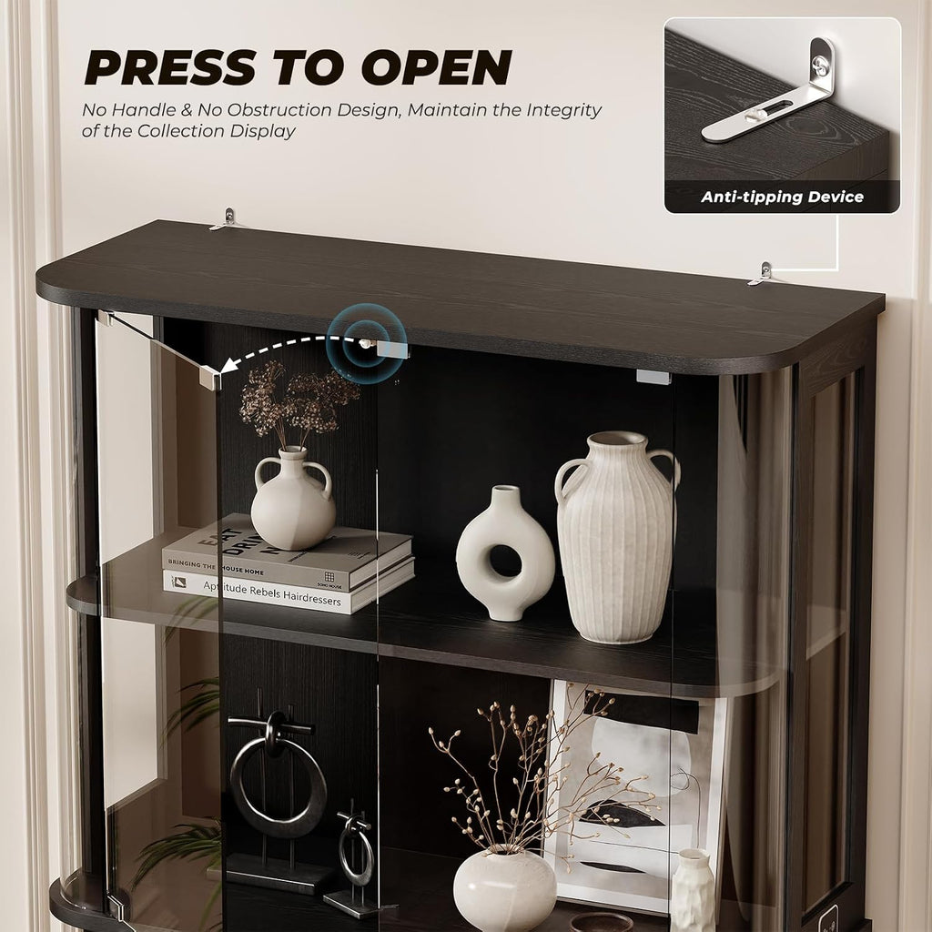 BROTTAR Large Rounded Display Cabinet with Glass Door, 4-Tier Curio Cabinet with 3 Color Lights for Collectibles, Glass Display Case with Transparent Full-Display Surface, Human Body Sensor, Black