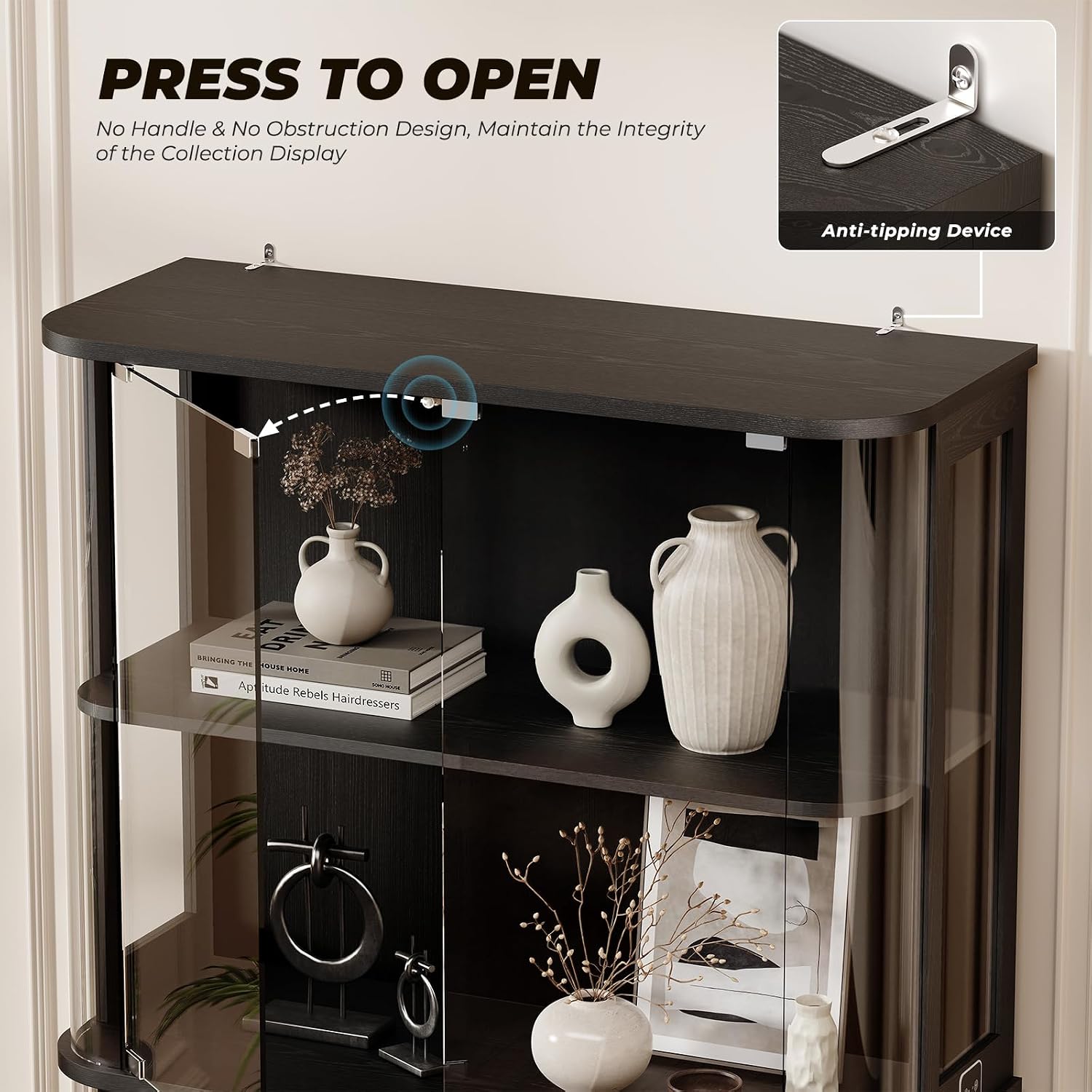 BROTTAR Large Rounded Display Cabinet with Glass Door, 4-Tier Curio Cabinet with 3 Color Lights for Collectibles, Glass Display Case with Transparent Full-Display Surface, Human Body Sensor, Black