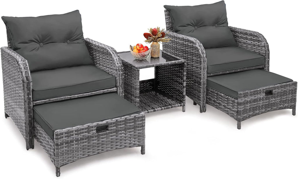 5 Pieces Wicker Outdoor Patio Chairs with Ottomans, All Weather PE Rattan Outdoor Conversation Set Bistro Patio Furniture Set with Hidden Ottoman for Porch Backyard Balcony, Grey