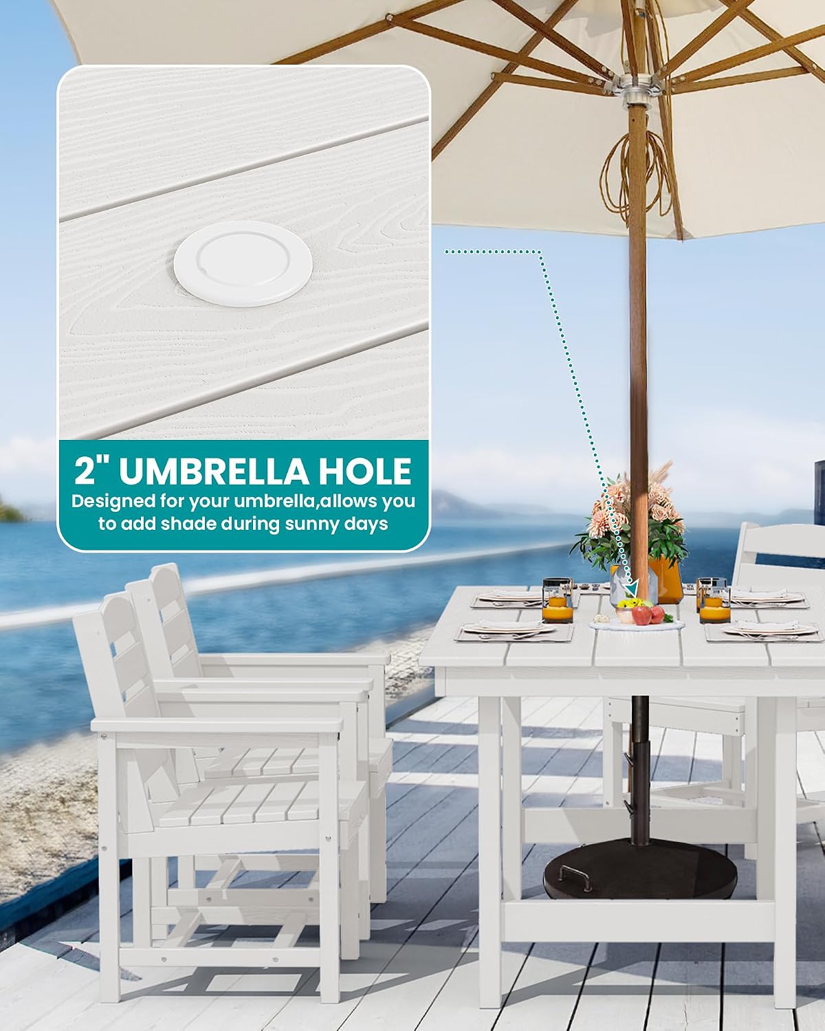 SERWALL HDPE Outdoor Dining Table for 6, 67' Rectangle Patio Dining Table with Umbrella Hole, White