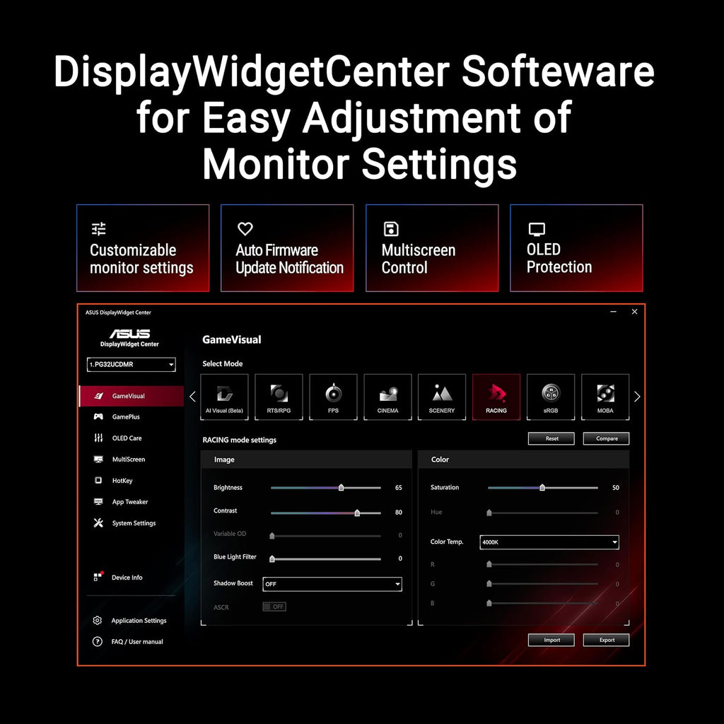 ASUS ROG Swift 32' 4K OLED Gaming Monitor (PG32UCDMR) ― 4K (3840 x 2160), QD-OLED, 240Hz, 0.03ms, G-SYNC Compatible, 99% DCI-P3, USB-C 90W, DisplayWidget, DisplayPort 2.1, 3 yr Warranty