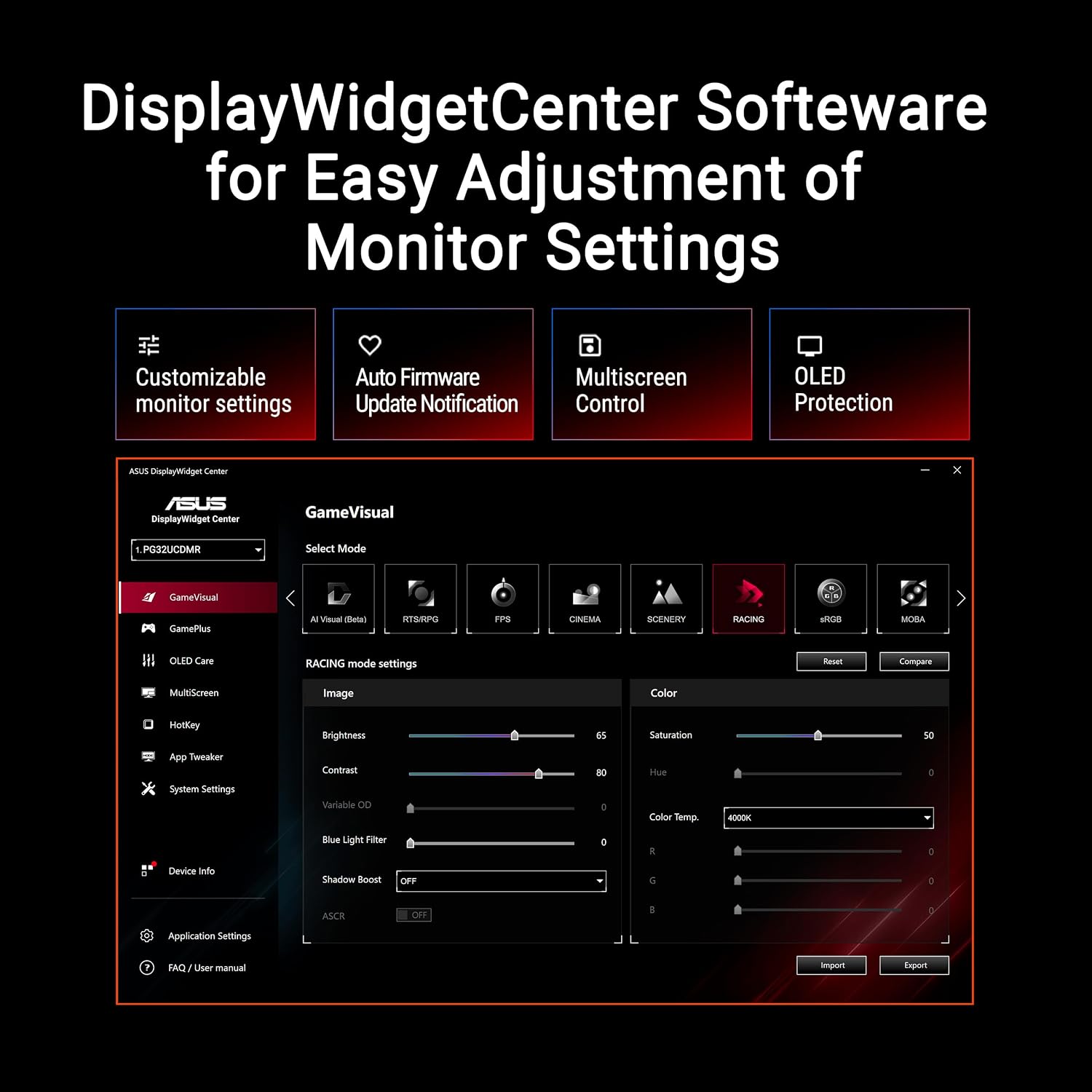 ASUS ROG Swift 32' 4K OLED Gaming Monitor (PG32UCDMR) ― 4K (3840 x 2160), QD-OLED, 240Hz, 0.03ms, G-SYNC Compatible, 99% DCI-P3, USB-C 90W, DisplayWidget, DisplayPort 2.1, 3 yr Warranty