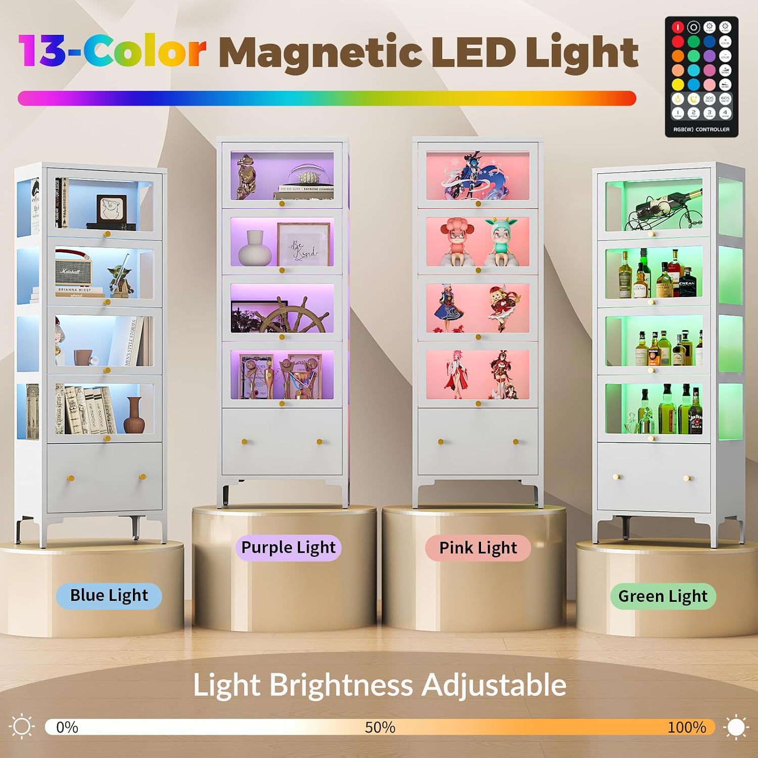 Display Cabinet with Glass Doors, 67' Metal Curio Cabinet with Drawer & 13-Color RGB LED Lights, 5-Tier Glass Display Case for Collectibles, Figure, Toys, Books, White