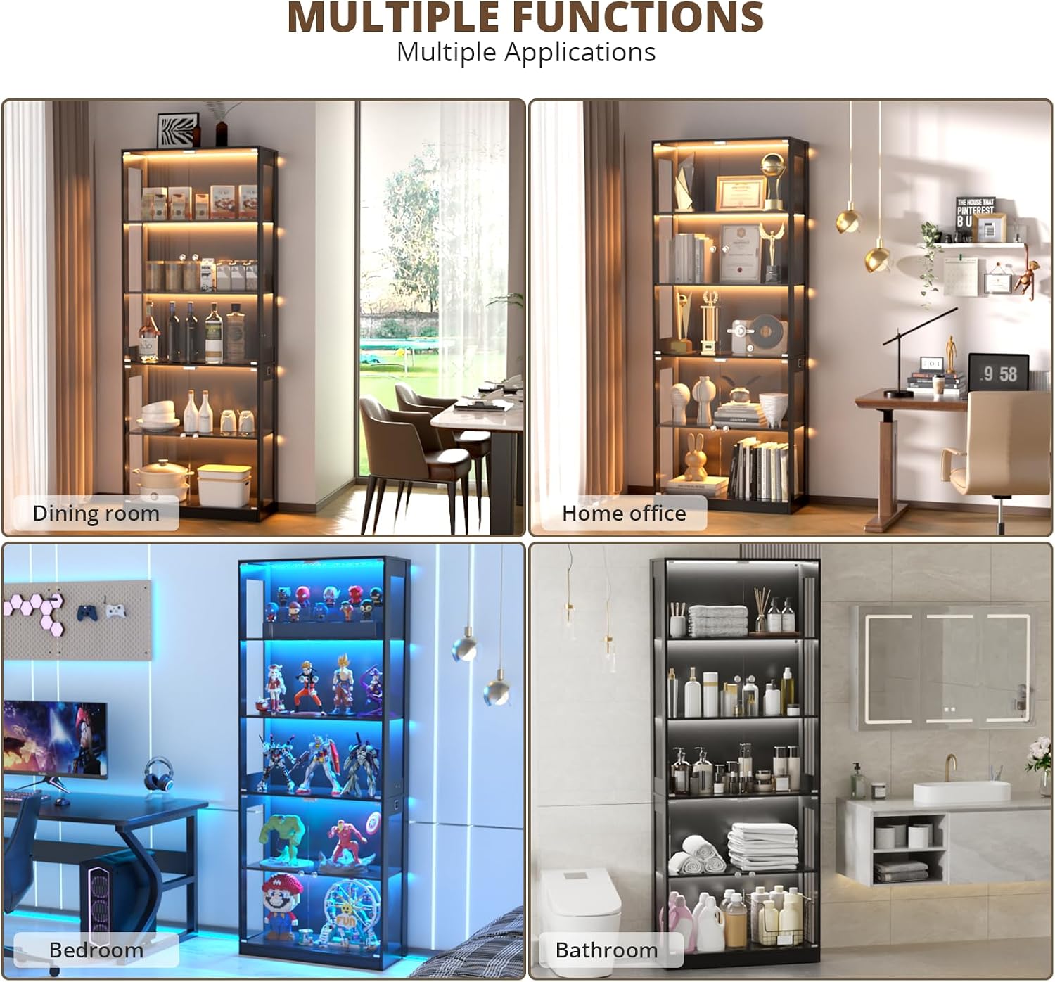 VOWNER 80'' Display Cabinet with Glass Door, 5-Tier Curio Cabinet for Collectibles Trophy, Glass Display Case with Human Body Sensor, 3 Color Lights, Bookcase Storage Cabinets for Living Room, Study