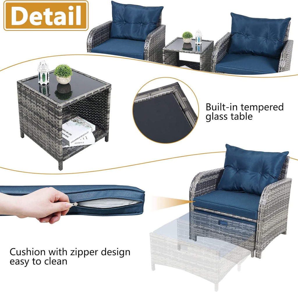 5 Pieces Wicker Outdoor Patio Chairs with Ottomans, All Weather PE Rattan Outdoor Conversation Set Bistro Patio Furniture Set with Hidden Ottoman for Porch Backyard Balcony, Blue