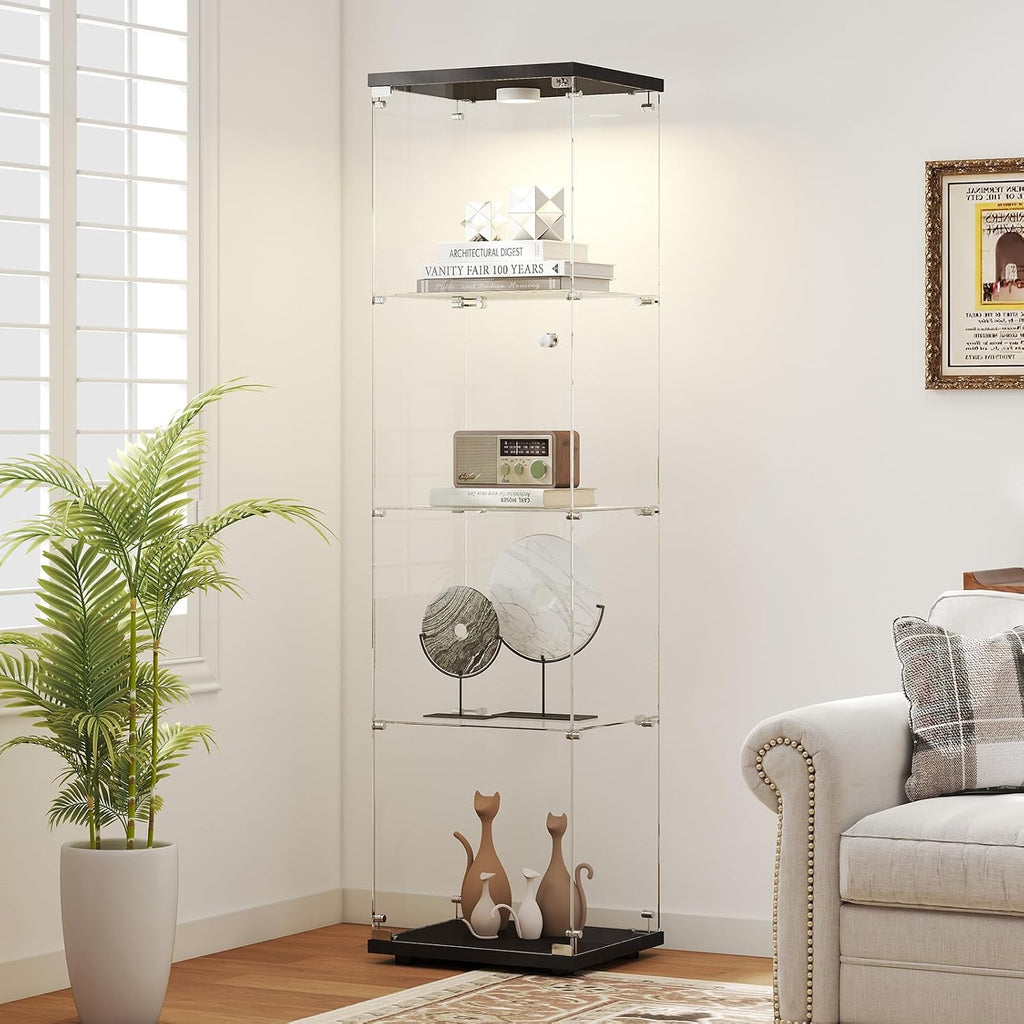 Zevemomo Tempered Glass Display Cabinet with Lights, 4-Tier Curio Cabinet with Glass Doors and Lock, Glass Display Case for Collectibles, for Living Room, Bedroom, Office, Single Door, Black
