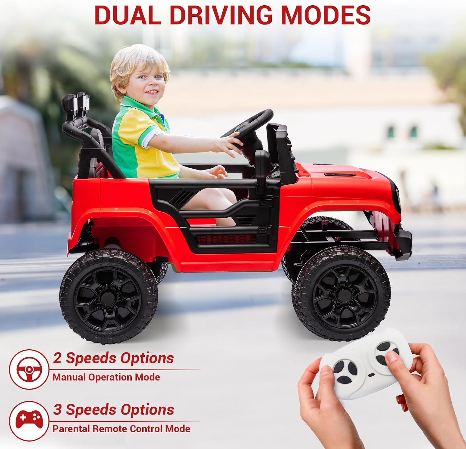12V Ride On Car for Kids Electric Vehicle Toddlers Battery Powered Truck Car Toy with Remote Control, 4-Wheel Suspension, Battery Display, LED Lights, Music, for Boys Girls, Red