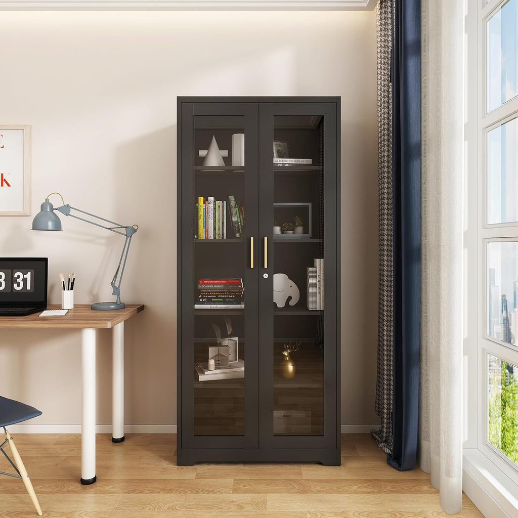 Glass Display Cabinet, 71' Tall Metal Curio Cabinet with Glass Doors, Black Display Case, Storage Cabinets with 4 Adjustable Shelves, Locking Storage Cases for Hallway, Kitchen, Living Room