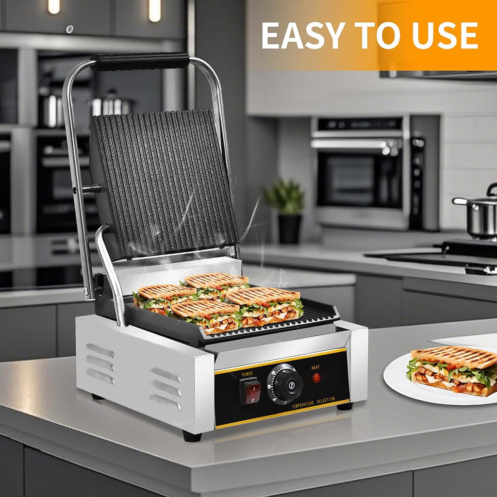Commercial Panini Press - 1800W Commercial Electric Panini Sandwich Grill w/Nonstick Coating & Adjustable Temp, Panini Grill Press w/ 9' x 9' Cooking Pan, Double-sided Heating