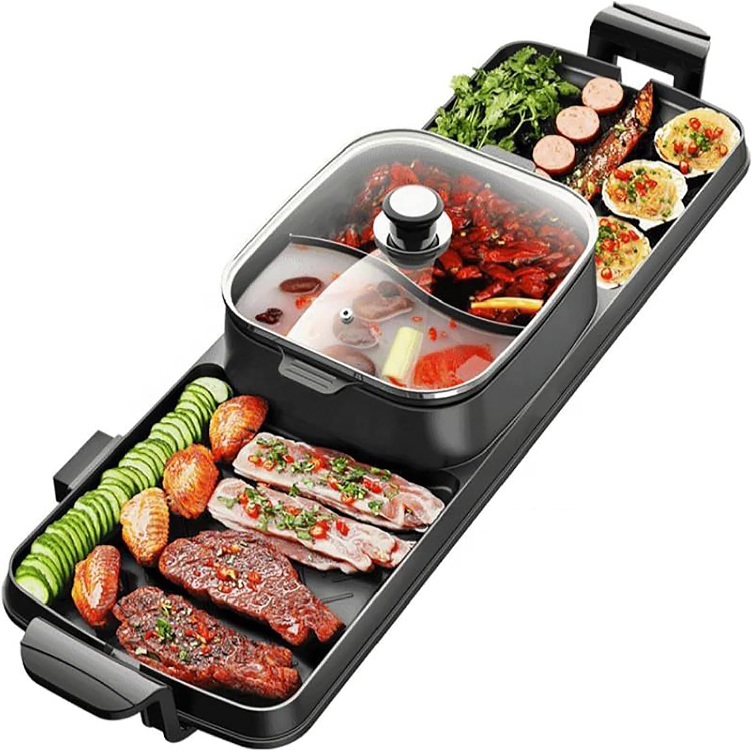 3 in 1 Hot Pot Grill BBQ Electric Grill Hot Pot Smokeless Barbecue Machine Non-Stick Pan for Indoor and Outdoor Electric Grill Indoor Hot Pot Combo, 2200W Capacity Multifunctional