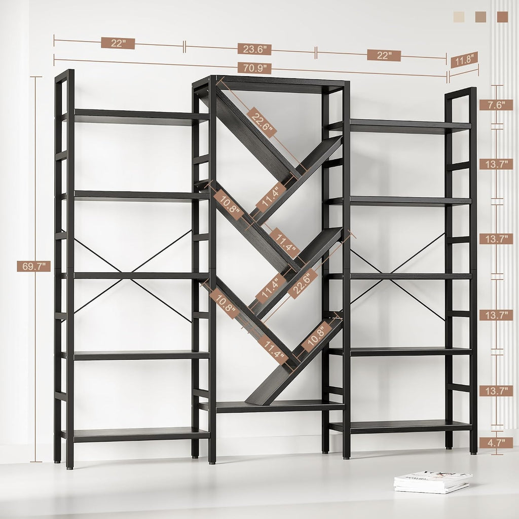 INNOD 70x70' Triple 5 Tier Book Shelf, Large Wooden Bookcase with 17 Open Display Shelf, Modern Tree Bookshelf Metal Frame Tall Book Case Furniture for Living Room Bedroom Home Office Black
