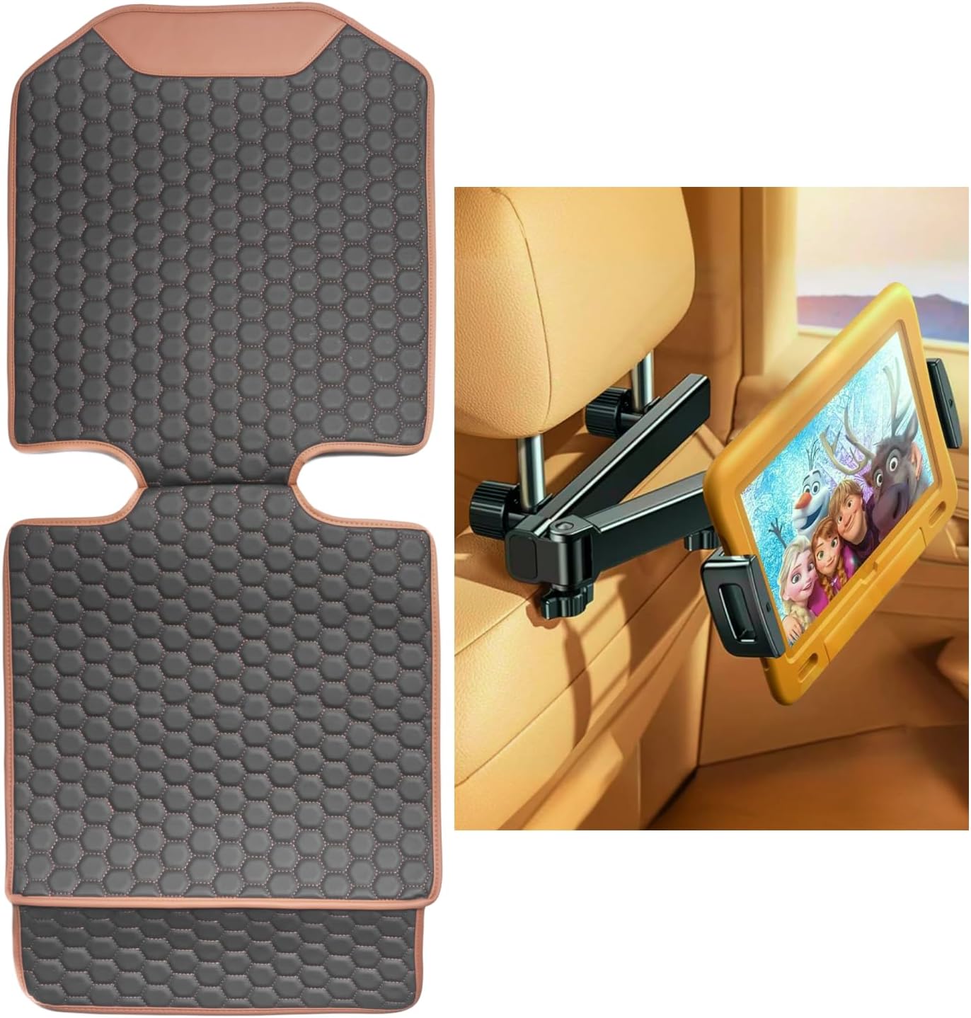 Owleys Car Seat Protector & Tablet Holder Bundle – Leather Car Seat Mat for Baby + Adjustable Headrest iPad Holder – Backseat Organizer for Kids & Toddlers Travel