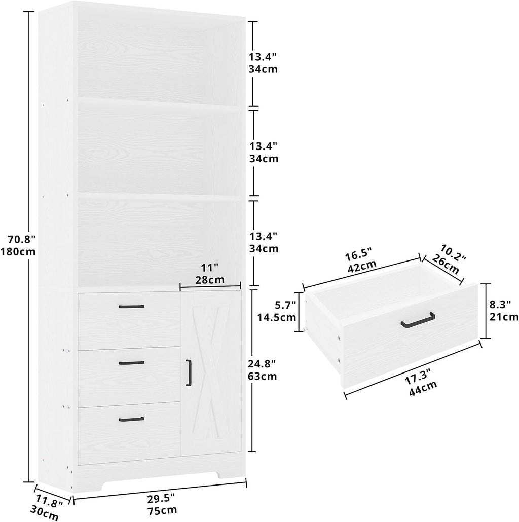 IRONCK Bookshelf with Drawers, 71 in Tall Bookcase with Doors and 3-Tier Shelves, for Bedroom Living Room Entrance Hallway Home Office
