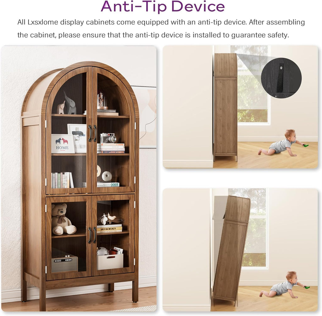 Lxsxlome 70.9'' Tall Arched Display Cabinet with Acrylic Glass Doors, Modern 5-Tier Arched Bookcase, Kitchen Pantry Storage Cabinet Curio Cabinets for Living Dining Room (Walnut, 31.5''W)