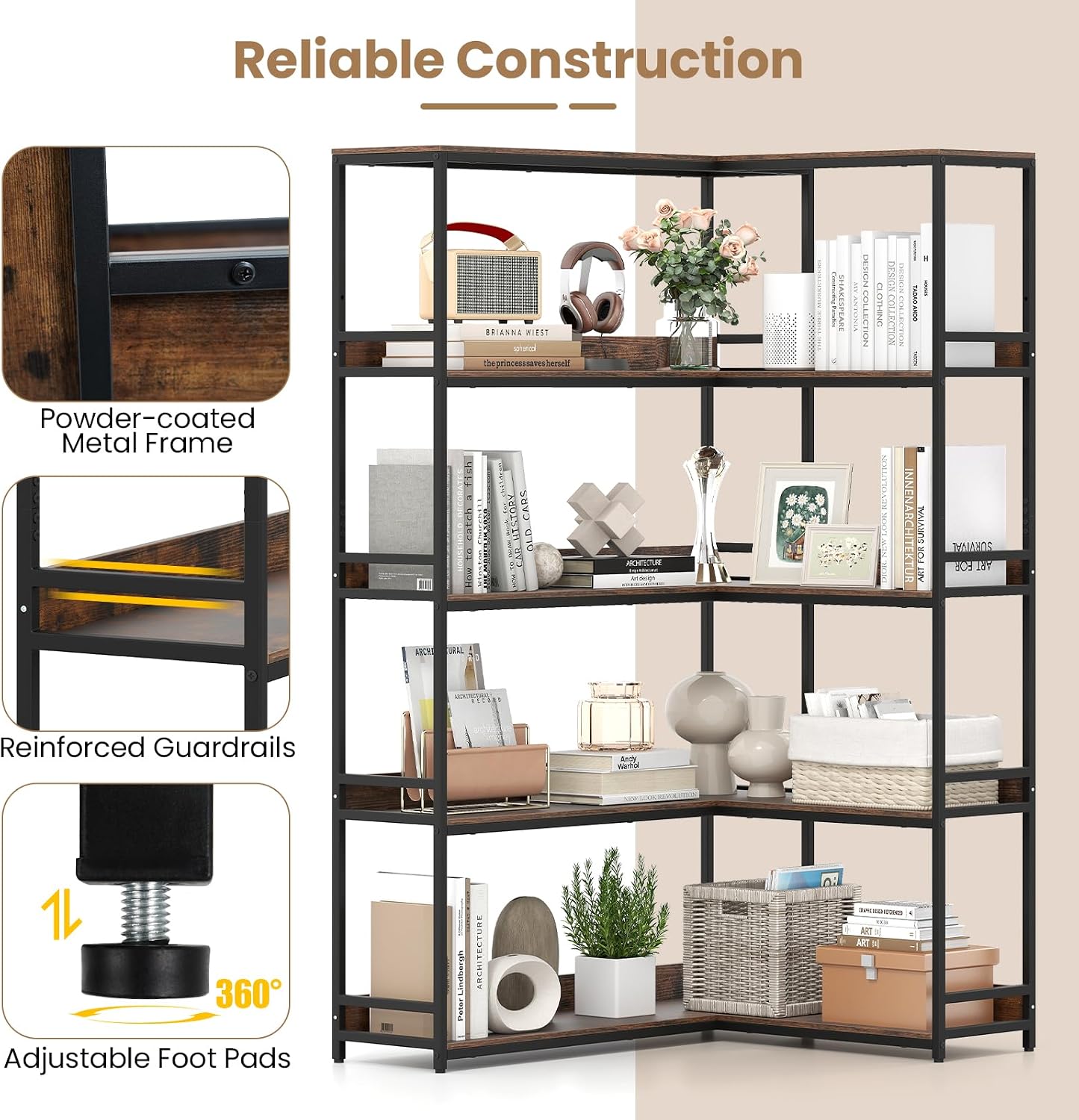 Giantex 5-Tier Corner Bookshelf, 71' L-Shaped Bookcase, Tall Etagere Bookshelf with Metal Frame, Industrial Open Display Shelf, Vertical Storage Rack for Living Room, Study, Office (Rustic Brown)