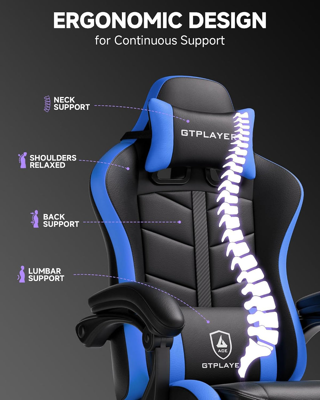 GTPLAYER Gaming Chair for Adults, Ergonomic Computer Gaming Chair with Footrest, Height Adjustable, 90-155° Recline & Removable Headrest Lumbar Support, Black&Blue