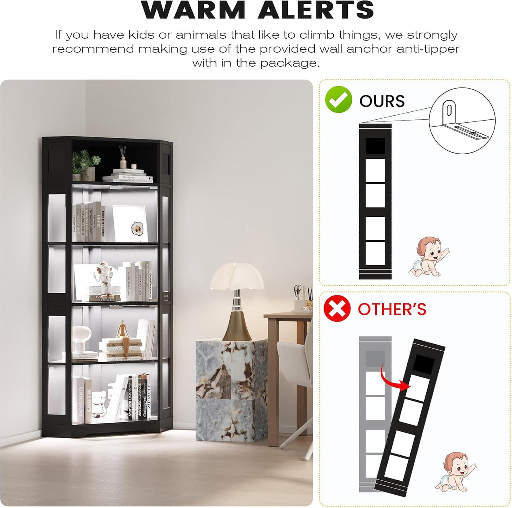 Corner Display Cabinet with Glass Doors, 71' Lighted Curio Cabinet with 3 Color Lights for Collectibles, 5-Tier Display Case with Human Body Sensor for Toys, Books, Black