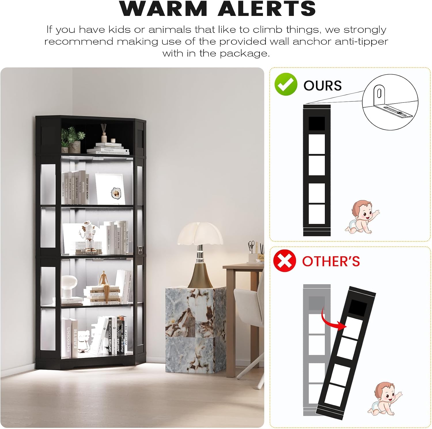 Corner Display Cabinet with Glass Doors, 71' Lighted Curio Cabinet with 3 Color Lights for Collectibles, 5-Tier Display Case with Human Body Sensor for Toys, Books, Black