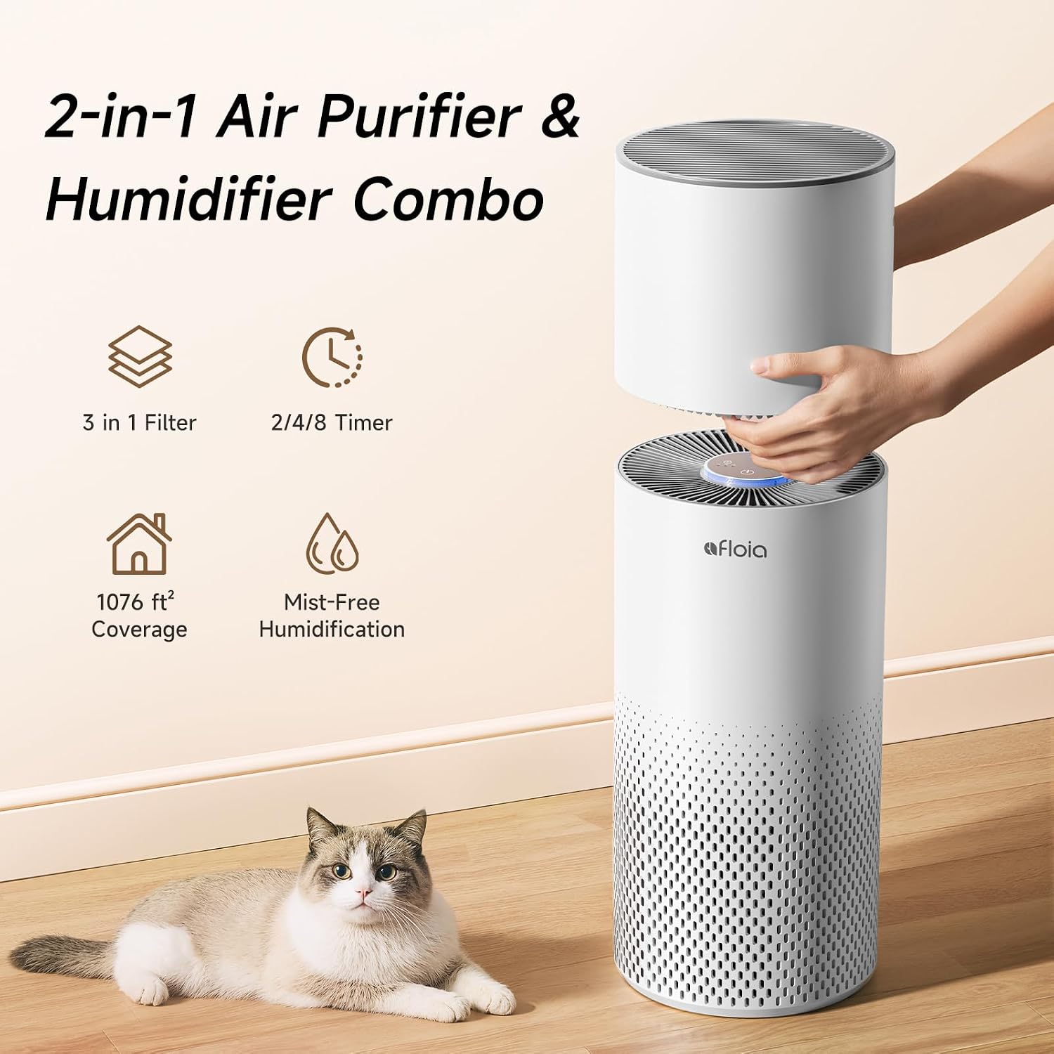 Afloia Humidifier and Air Purifier in One, Air Purifier and Evaporative Humidifier Combo for Home, 24dB Quiet Air Cleaner Remove Pets Dust Dander Hair Allergy Pollen Smoke Smell for Room