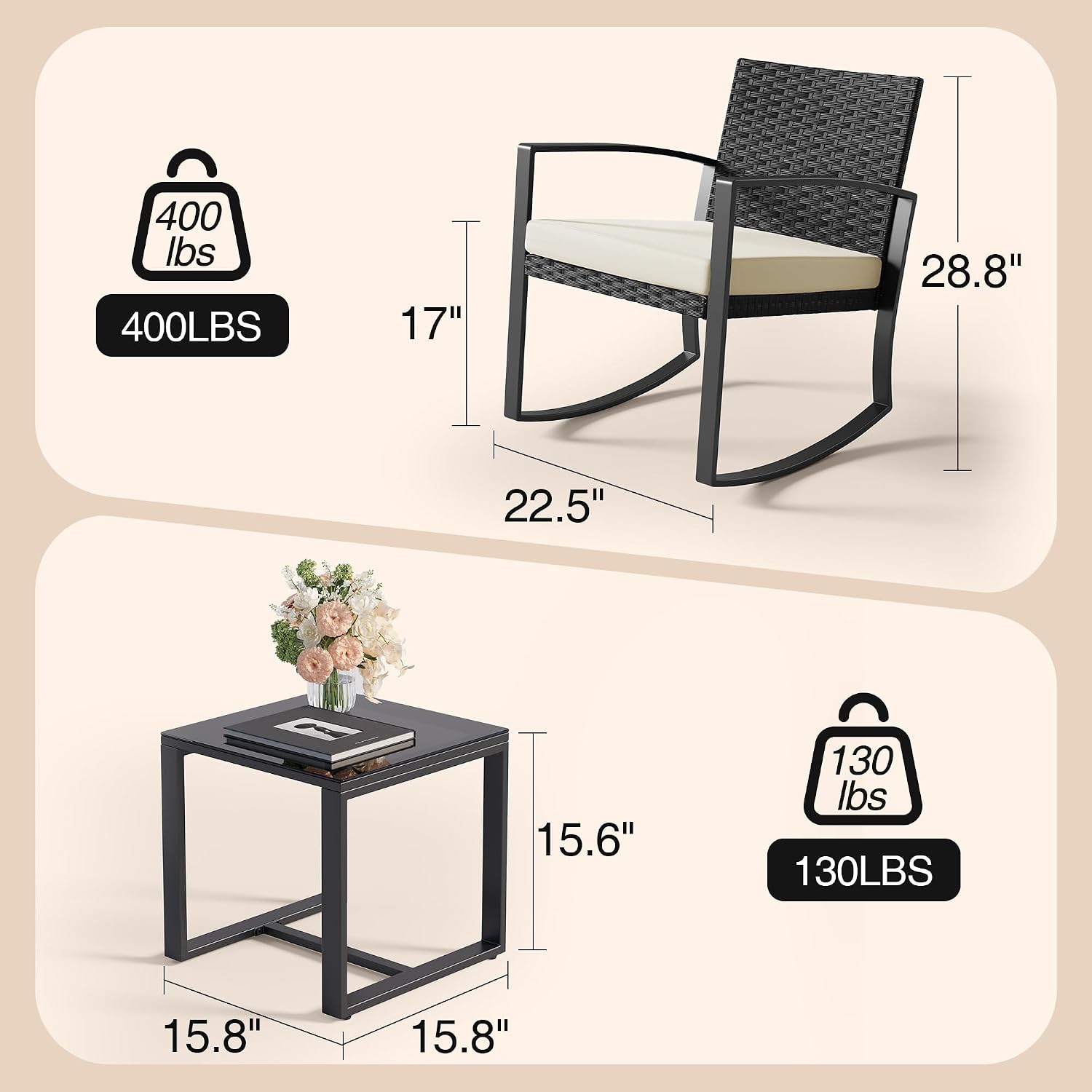 Qsun 3 Pieces Porch Furniture Set Patio Rocking Bistro Set Outdoor Patio Chairs Rattan Conversation Sets with Coffee Table for Front Porch Garden Balcony Backyard Poolside (Beige Cushion)