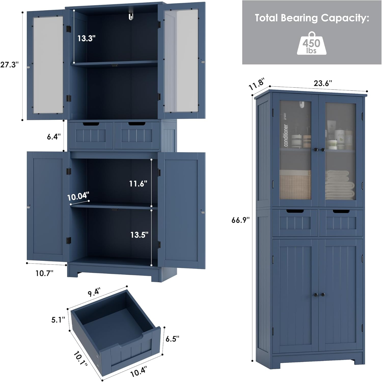 HORSTORS 67' Tall Bathroom Storage Cabinet, Freestanding Storage Cabinet with Glass Door and Shelves, Kitchen Pantry with 2 Drawers for Bathroom, Living Room, Dining Room, Blue