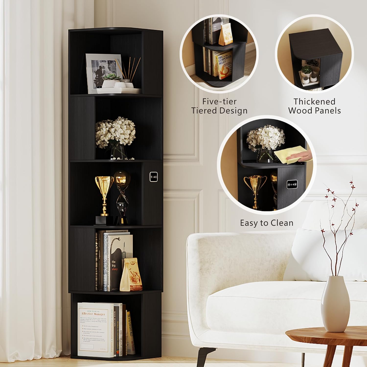 5 Shelf Bookcase - Corner Bookshelf with 3 Colors LED Sensor Lights Modern Cube Storage Organizer for Lego Books Living Room Study Bedroom - Ideal Gift (Black)