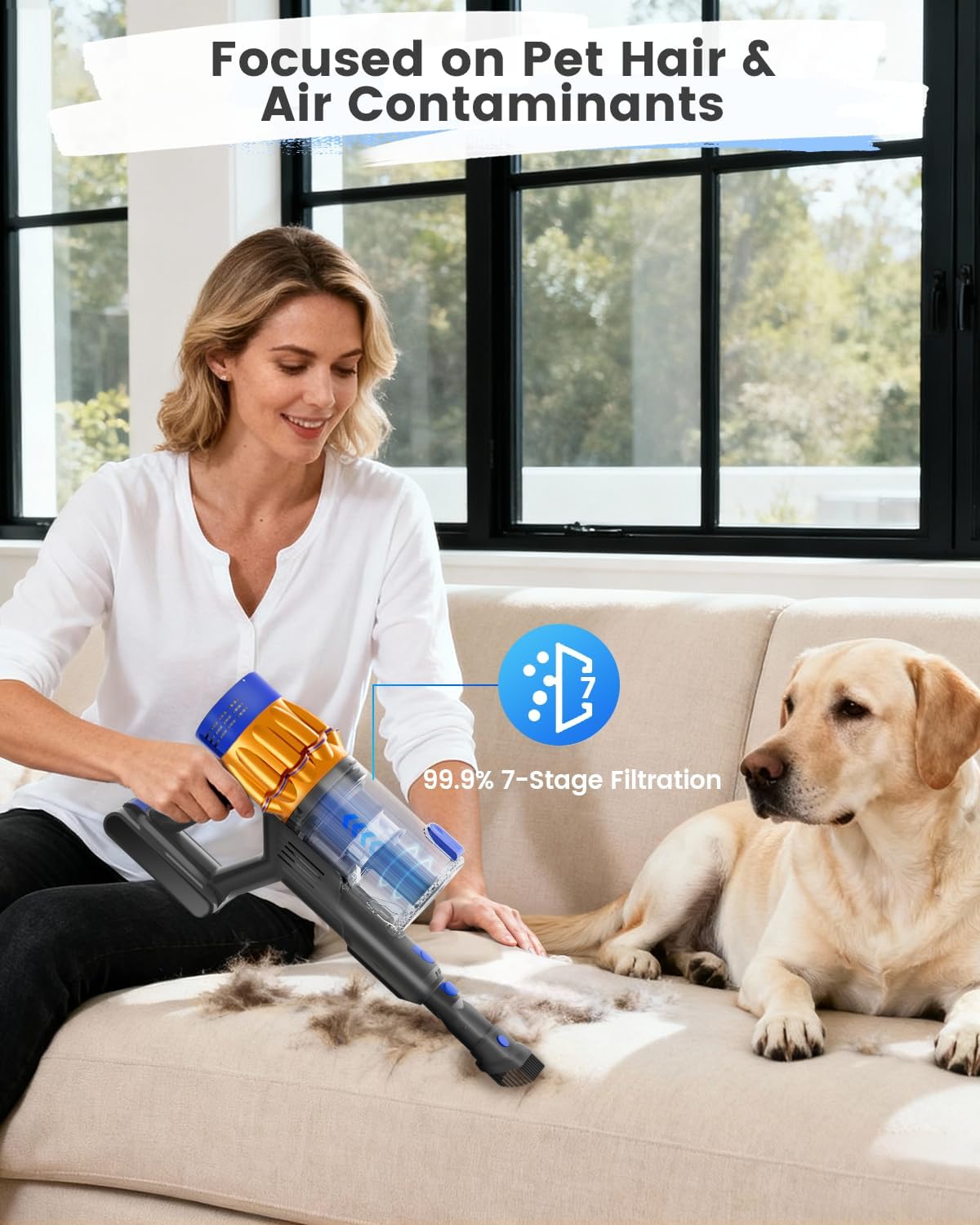 Cordless Vacuum Cleaner, 650W 48KPA 60Min Wireless Vacuum for Home，Stick Vacuum with Green Light Anti-Tangle, Rechargeable Vacuum Cleaners for Pet Hair Carpet Hard Floors (Blue)