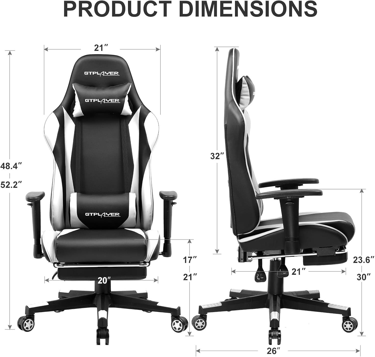 GTPLAYER Gaming Chair with Footrest, Ergonomic Computer Game Desk Chair, Reclining Gamer Chair Seat Height Adjustment, Swivel Rocker with Headrest and Lumbar (White)