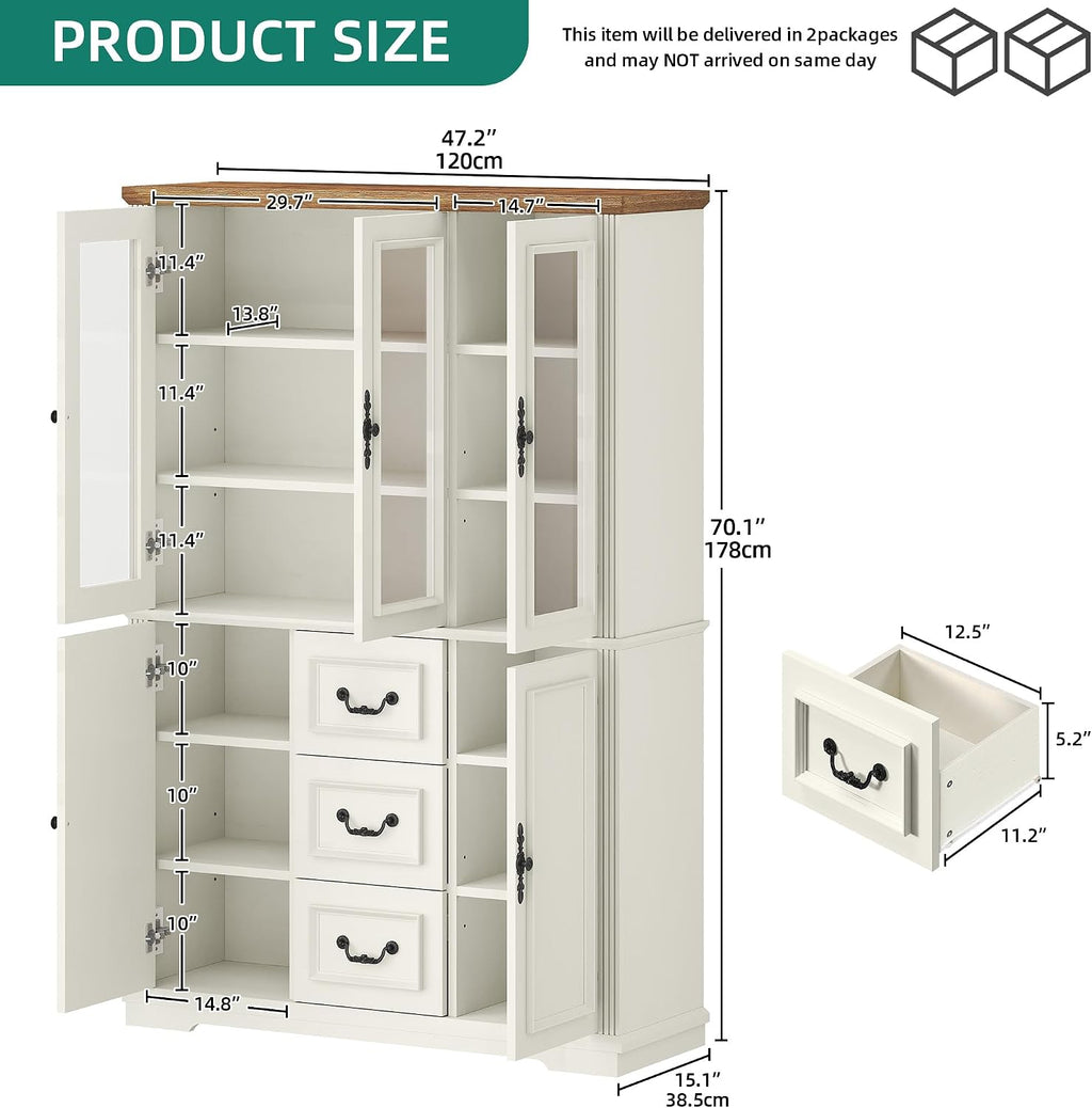 YITAHOME 71' H x 47' W Kitchen Pantry with 3 Drawers, Large Storage Cabinet with 3 Glass Doors & Adjustable Shelves, Freestanding Tall Display China Cabinet for Living & Dining Room, White