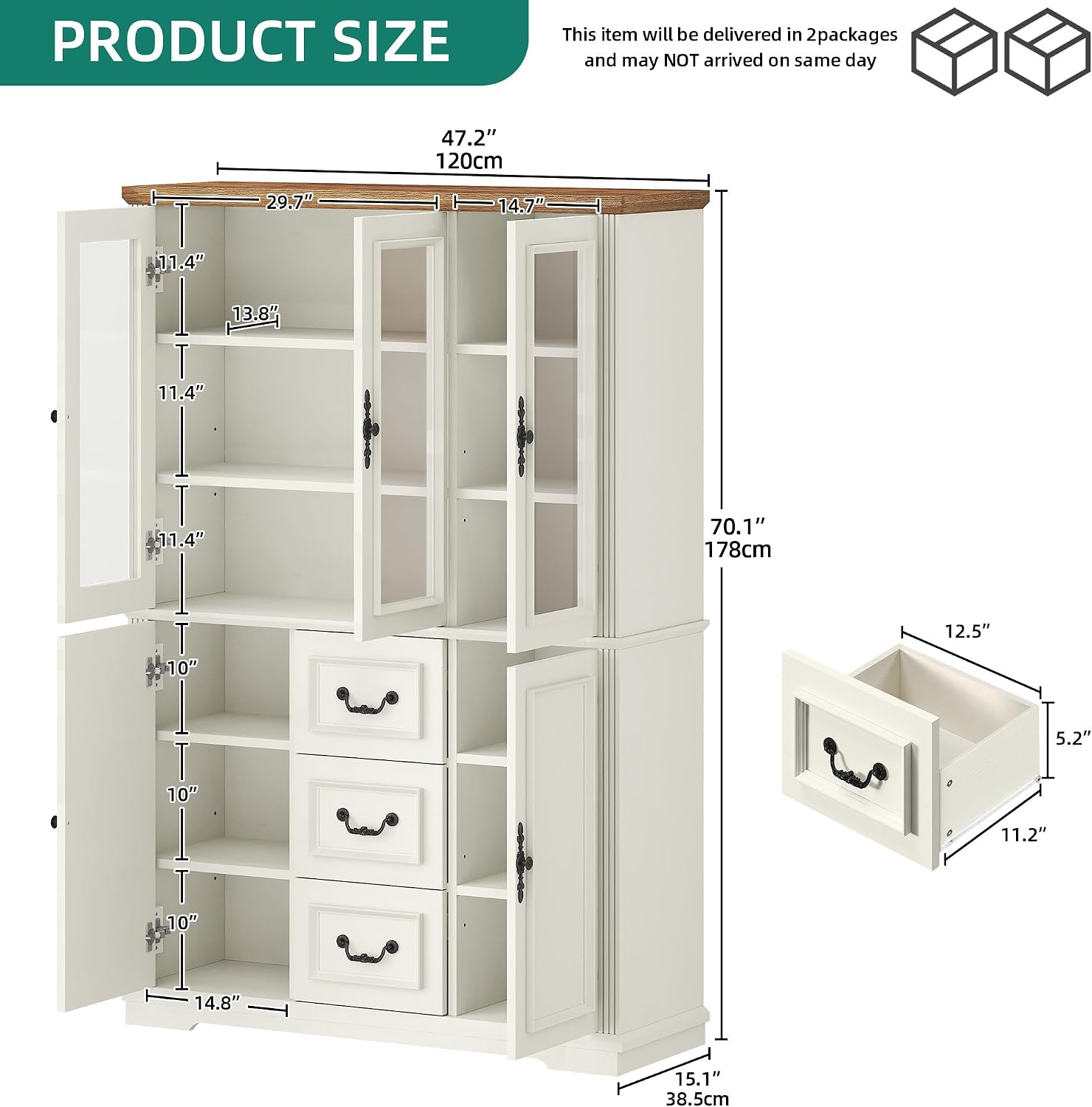 YITAHOME 71' H x 47' W Kitchen Pantry with 3 Drawers, Large Storage Cabinet with 3 Glass Doors & Adjustable Shelves, Freestanding Tall Display China Cabinet for Living & Dining Room, White