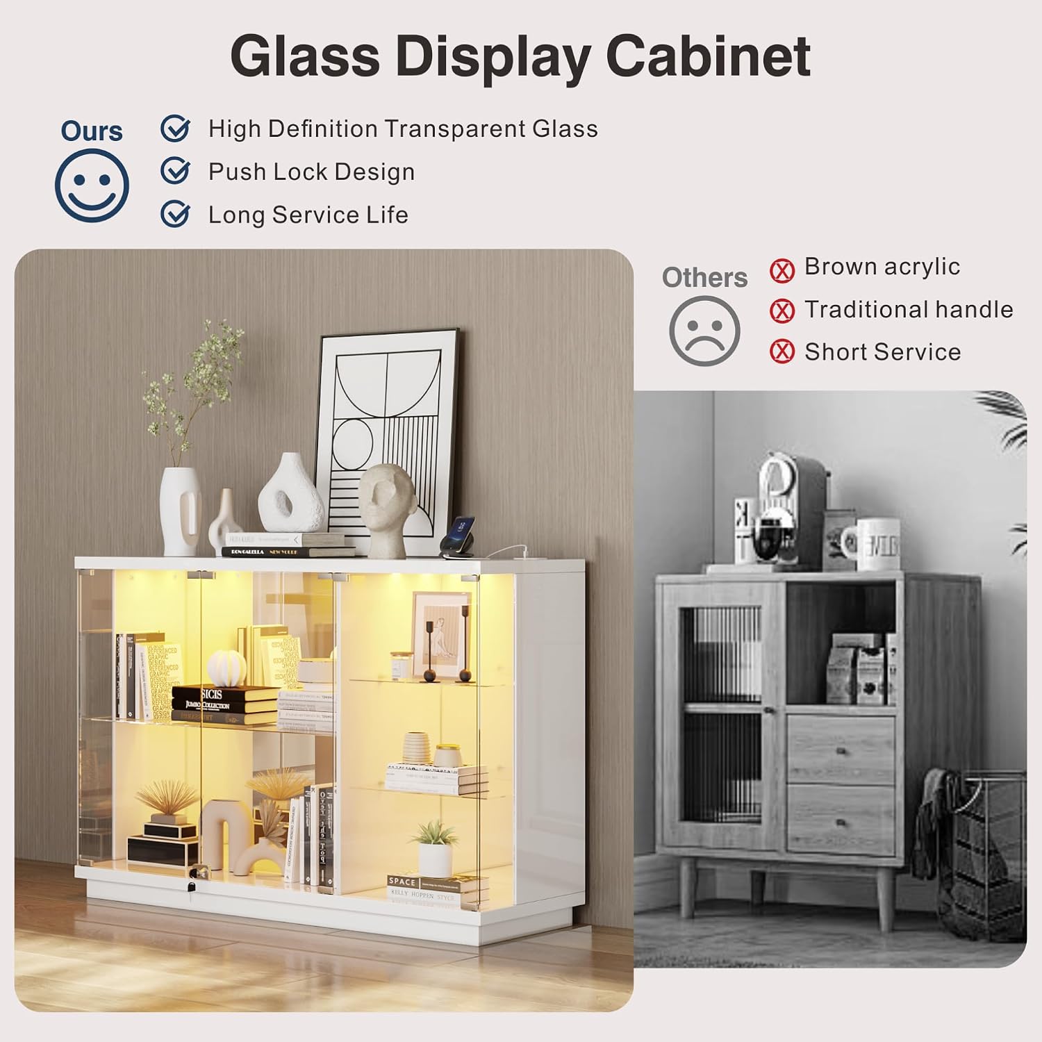 Lvifur High Gloss Display Cabinet - with Lock & LED Light, Curio Cabinet with Human Body Sensor & Glass Shelves for Toys, Books, Collectibles, Liquor, Bookcase for Living Room, Kitchen, Study, White