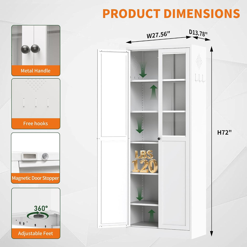 72' Metal Storage Cabinets with 5 Adjustable Shelves 2 Doors(Half Glass Door),White Kitchen Pantry Cabinet,Steel Cupboard Display Cabinets for Kitchen,Living Room,Bathroom,Assembly Required