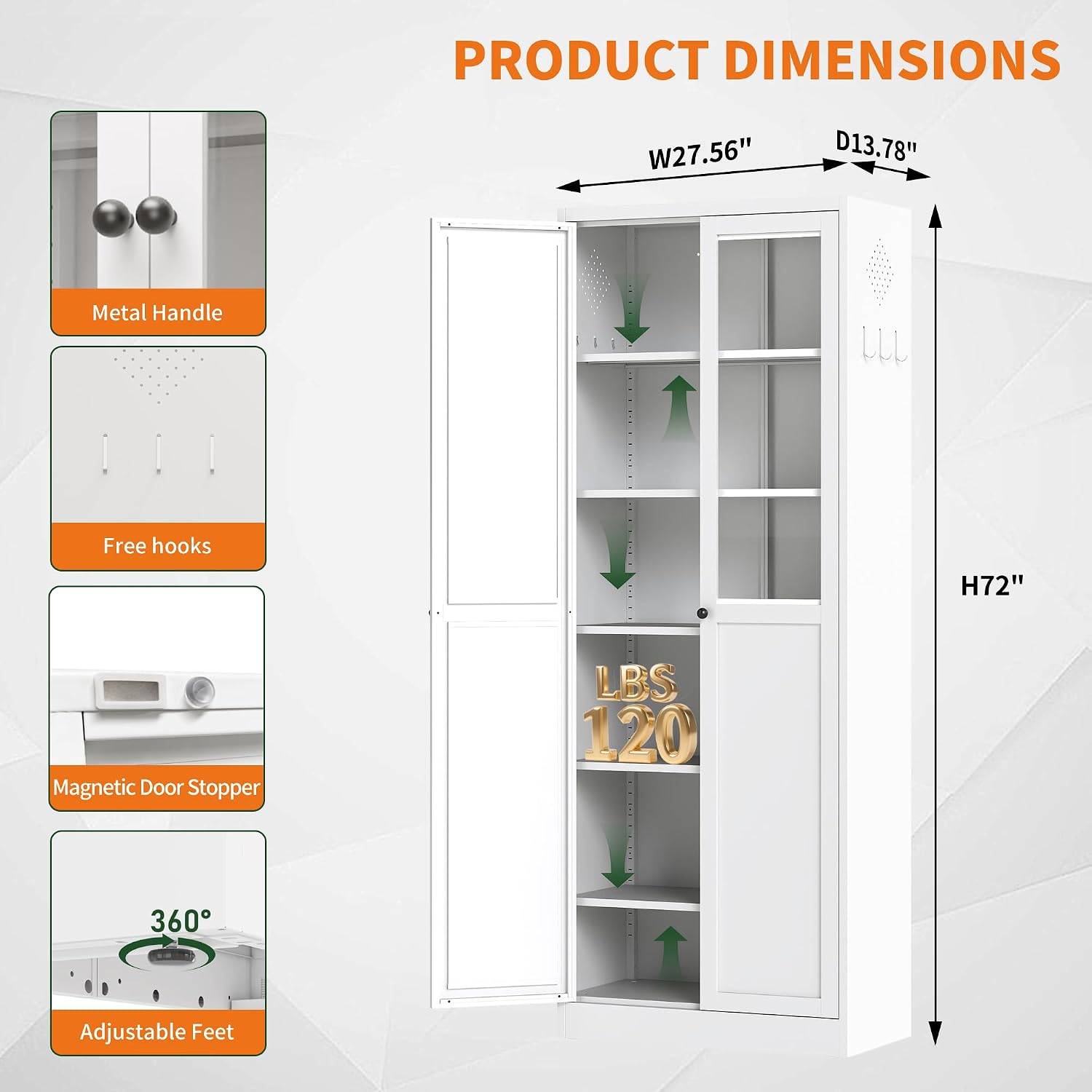 72' Metal Storage Cabinets with 5 Adjustable Shelves 2 Doors(Half Glass Door),White Kitchen Pantry Cabinet,Steel Cupboard Display Cabinets for Kitchen,Living Room,Bathroom,Assembly Required