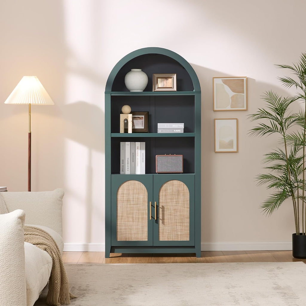 RowyPoey Rattan Arched Cabinet Bookshelf - 69.3' Tall Mid Century Display Cabinet, Rounded Bookcase with Rattan Doors, Open Shelf Storage for Dining Room (Green, 1 PC)